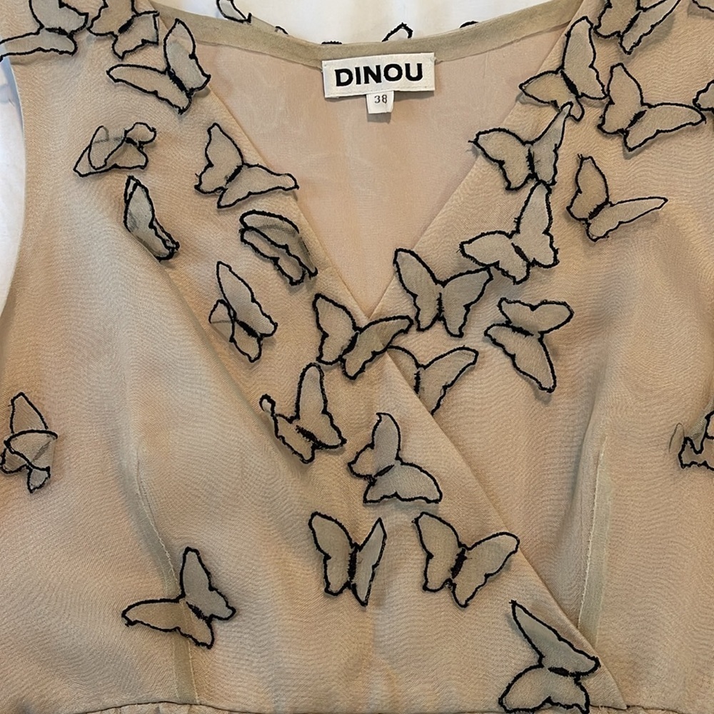 100% silk chiffon butterfly dress beige and black size 38 XS - Picture 7 of 11